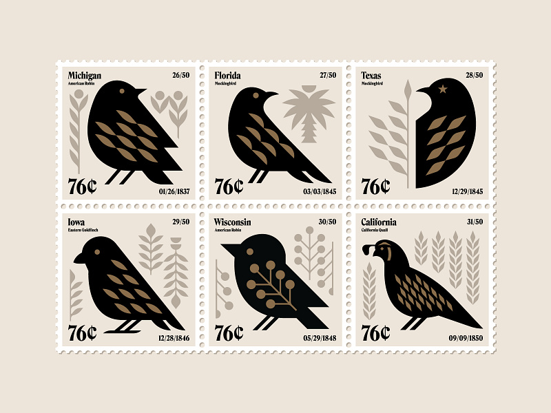 Stamps 26-31 beach berry birds feathers finch icon illustration logo midwest mockingbird nature palm tree plants postage quail robin south stamps symbol typography