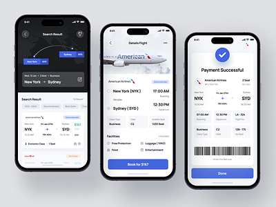 Search Result, Details Flight & Success State - Highfly ✈️ airlines app app design booking app details airlines details flight flight flight app flight booking app mobile app payment success saas search search flight search result succes modal success message success state ticket app ui