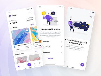 Fingies - Onboarding, Home, and Connect Wallet app art bitcoin blockchain btc clean connect wallet crypto crypto currency crypto wallet design eth ethereum minimal nft onboarding token ui ux wallet