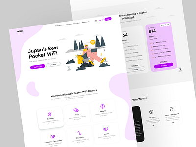 WiFiN - Landing Page app backpacker branding design digital illustration internet network internet provider internet wifi layout minimalist pocket wifi provider service landing page simple touring traveler ui ux wifi