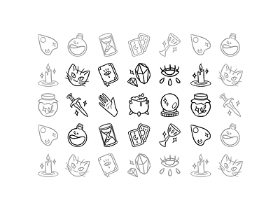 Hand Drawn Wiccan Icon Pack black cat candle cauldron dagger icon doodle hand drawn hourglass icon pack linework ouija pen brush spellbook tarot cards wicca wiccan icons witch craft witch pattern