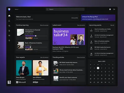 Revup - Dashboard for business owners app blog business calendar clean coaching dark dark mode dark theme dashboard design entrepreneur expert financial fintech minimal ui uxui web web app