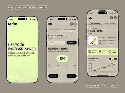 Web3 Crowdfunding App for Musician app design creators crowdfunding entertainment insights ios kickstarter mobile music neon nft platfrom service design startup ui ux web3