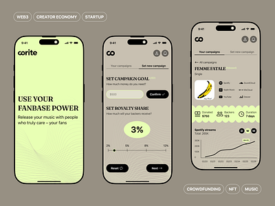 Web3 Crowdfunding App for Musician app design creators crowdfunding entertainment insights ios kickstarter mobile music neon nft platfrom service design startup ui ux web3