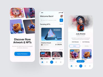 NFT Marketplace App app app design binance clean design crypto exploration finance fintech graphic design minimal design mobile app nft nft marketplace pico design trending nft ui ui8 ux visual design web app