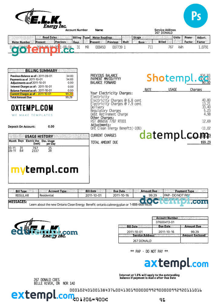 Canada ELK energy utility bill template, fully editable in PSD by