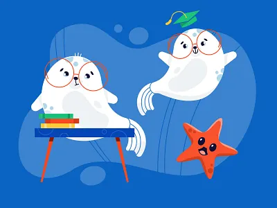 Smart seals illustration adorable animal book cartoon character concept creative education flat friendship glasses illustration learning ocean playful sea seal studying teaching vector
