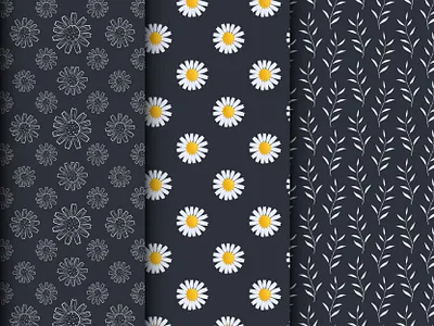 Collection of stylish pattens on black background black background branding daisies flowers graphic design illustration marketplace patern pattern collection pattern development spring pattern stylish pattern vector illustration