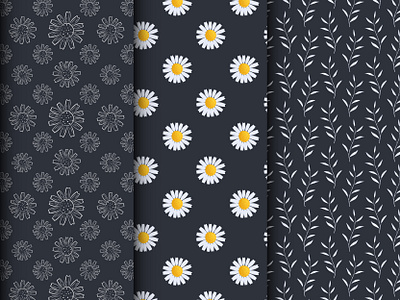 Collection of stylish pattens on black background black background branding daisies flowers graphic design illustration marketplace patern pattern collection pattern development spring pattern stylish pattern vector illustration