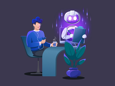 Trading Bot Scene Illustration bot characters chart coffee computer employee glasses imac music office plant robot scene table trading trading bot workspace