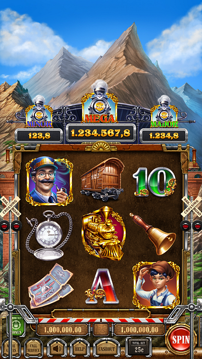 The main UI design for the Railway themed slot machine digital art gambling gambling art gambling design game art game design game reels graphic design railway railway game railway slot railway symbols railway themed reels slot art slot design slot game design slot game srt slot machine slot reels