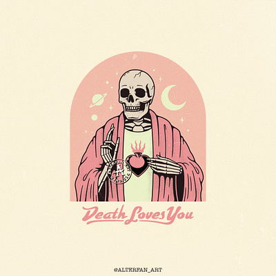 DEATH LOVES YOU alterfan artist coverart death design heart illustration logo muerte reaper sacred santa skeleton skull vector