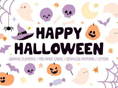 Happy Halloween - Cards & Patterns bat cartoon creative market creator cute flat style funny ghost graphic elements halloween halloween clipart halloween font happy halloween illustration pumpkin simple skull spider spooky vector