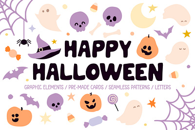 Happy Halloween - Cards & Patterns bat cartoon creative market creator cute flat style funny ghost graphic elements halloween halloween clipart halloween font happy halloween illustration pumpkin simple skull spider spooky vector