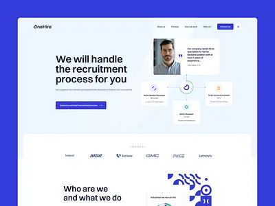 Onehire - hero section blue company header hero hero illustration hero section illustration landing light logotypes mosaic onepage pattern process illustration purple recruitment top trusted us ui ux