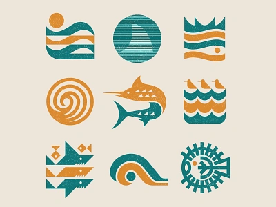 Oceanic graphics beach blowfish california coast crown fish icon logo marlin nature ocean retro sail shark sun surf symbol vintage water waves