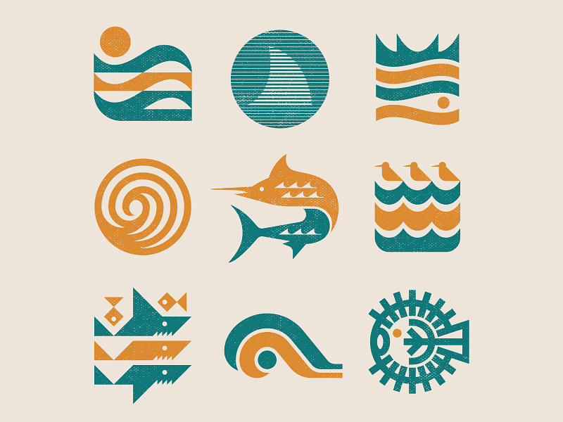 Oceanic graphics beach blowfish california coast crown fish icon logo marlin nature ocean retro sail shark sun surf symbol vintage water waves