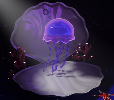 Jellyfish in the Seashell 3d 3dblender blender blender3d blenderrender coralls illustration jellyfish ocean oceanbottom seashell seastar