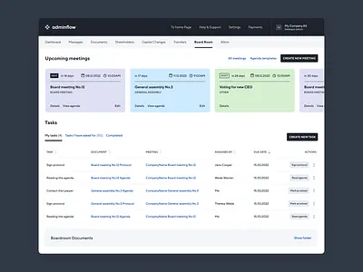 Adminflow admin admin panel agenda board board meeting calendar dashboard general assembly interface investor meeting minutes protocol report schedule stakeholder ui ux web app web design