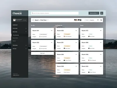 Hotel Onsen management app | Board board board canvas booking check in check out clean hotel japan left nav left navigation management task management tasks to do ui user management ux web