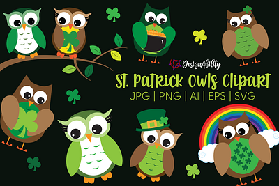 St. Patrick Owls Clipart branch clipart clover design green holiday illustration owl pot of gold rainbow shamrock st patrick vector