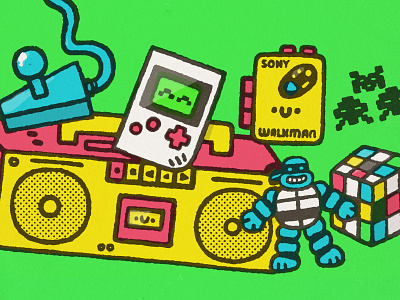 Sony Walkman, Galactica, Ninja turtle, Rubika Cube, Nintendo 80s 90s cute doodle fun galactica game gameboy illustration japanese kawaii ninja turtle nintendo player pop art pop culture retro rubiks cube sony walkman stuff