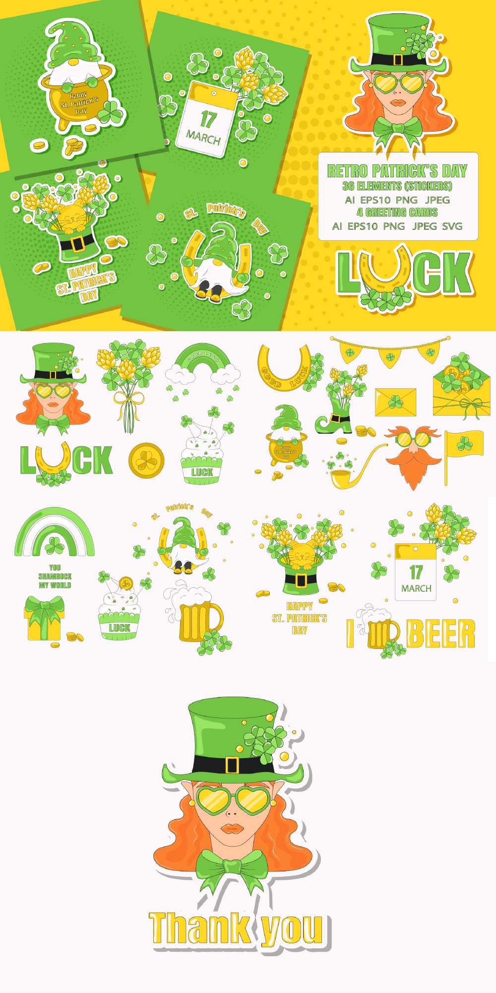 Retro Elements and greeting cards St Patrick's Day groovy luck