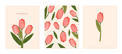 Set of spring cards with tulips. Postcards for Women's Day event flower