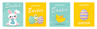 Set of Happy Easter Cards with rabbit and Easter eggs flower