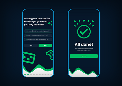 Survey-type screens for GameGenie app design ui ux