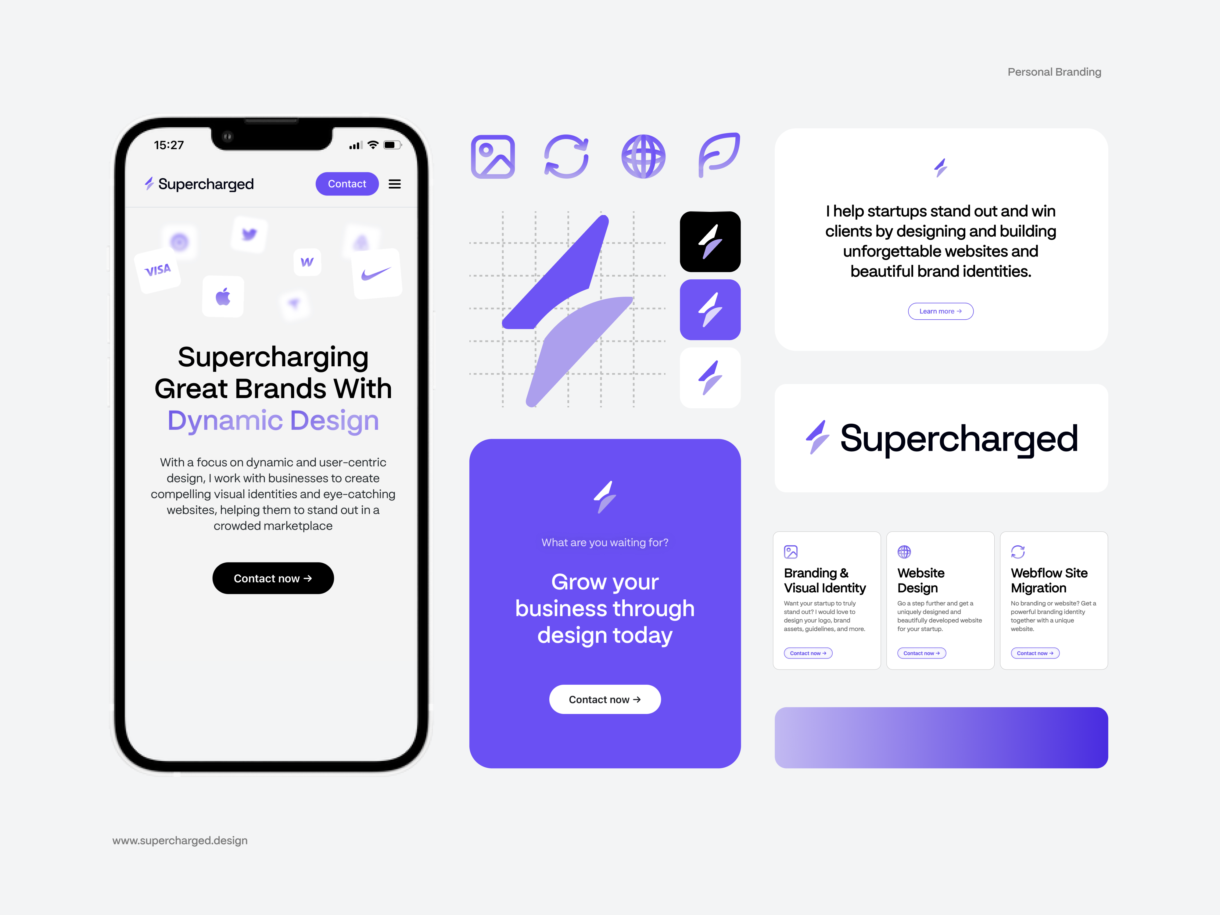 Personal Brand Identity, Portfolio Website - Supercharged Design brand identity branding landing landing page logo minimal design personal brand portfolio ui website