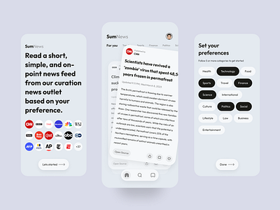 SumNews - News Curation Summarise Mobile App app card categories clean minimalist mobile news platform saved search simple summarize ui visual