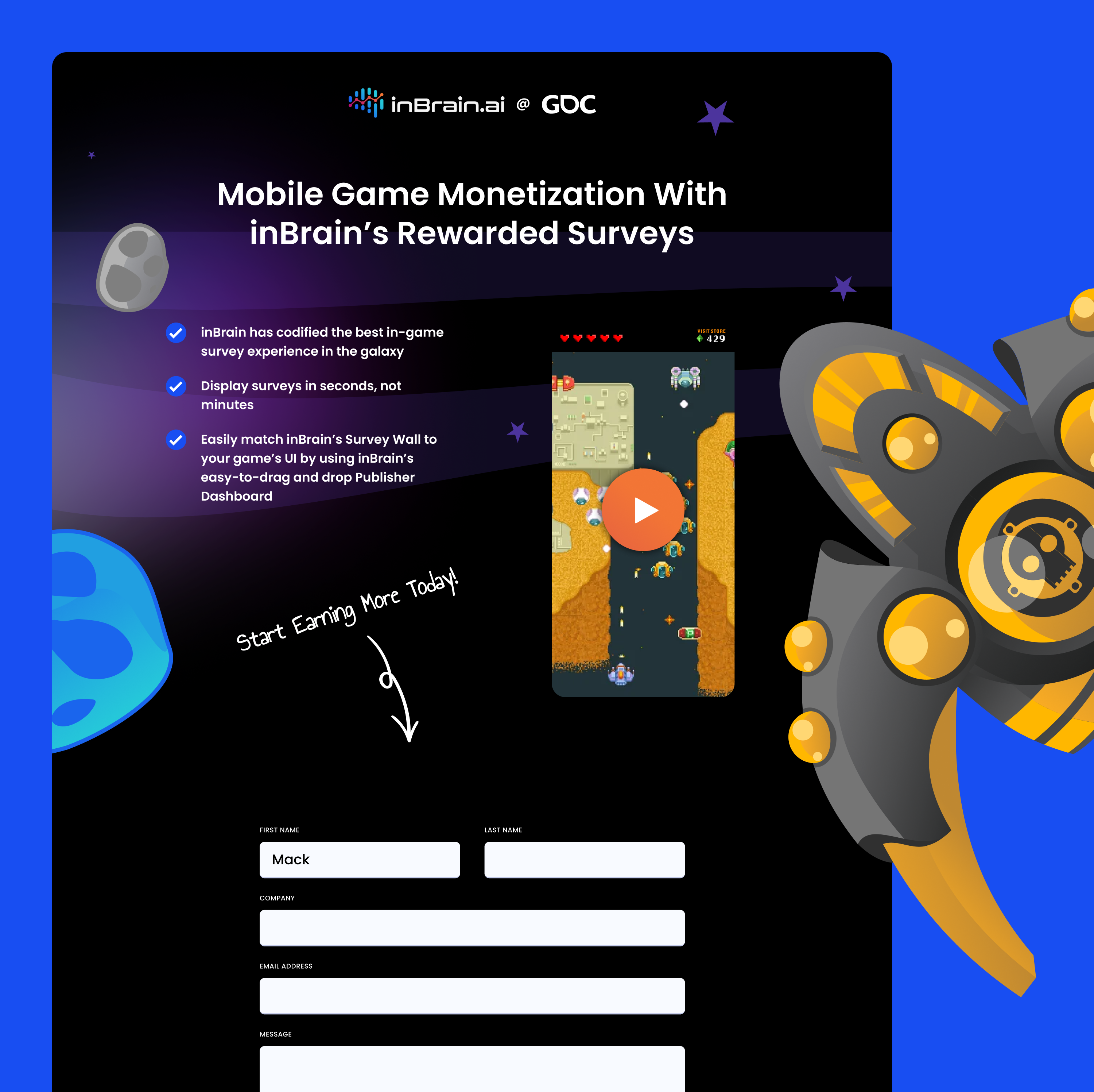 Game Developers Conf (GDC) Landing Page - inBrain animation dark design figma gradients graphic design illustration landing page ui web design webflow