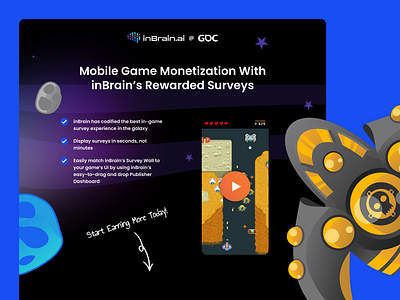 Game Developers Conf (GDC) Landing Page - inBrain animation dark design figma gradients graphic design illustration landing page ui web design webflow