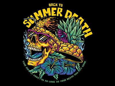 pineapple skull and flowers illustration with summer theme beach