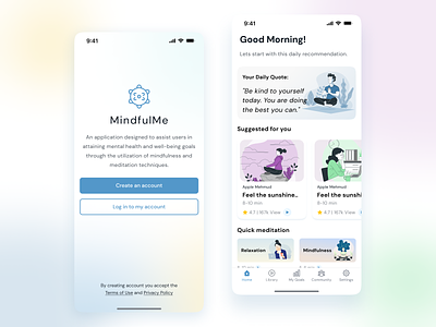 MindfulMe Wellbeing App Concept ai app clean ui daily quote daily recommendation feed fitness illus illustration meditation app mental health mindfulness modern ui splash ui ui ux wellbeing app wellness
