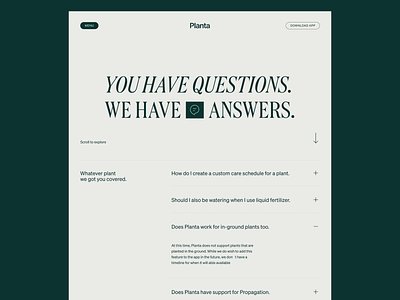 Planta FAQ Page Concept | Plant App app faq clean design faq faq section faqs frequently asked question icon minimal plant plant app plant landingpage redesign typography ui ui design ux ux design web website