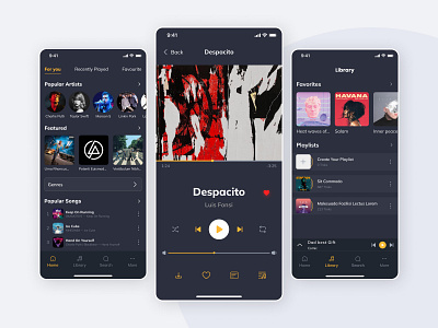 Music Application app artists popular branding design featured genres graphic design illustration logo music app music playbar music player playlist popular song song library ui vector