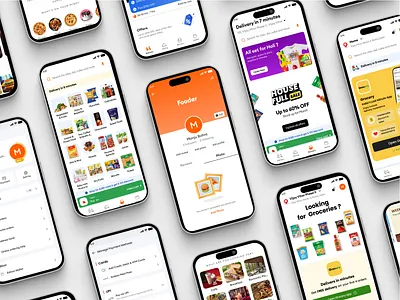 Fooder App app branding deliver app design food app food ordering app fooder graphic design grocery grocery delivery app groocery app home screen illustration logo ui ux vector
