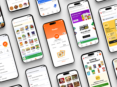 Fooder App app branding deliver app design food app food ordering app fooder graphic design grocery grocery delivery app groocery app home screen illustration logo ui ux vector