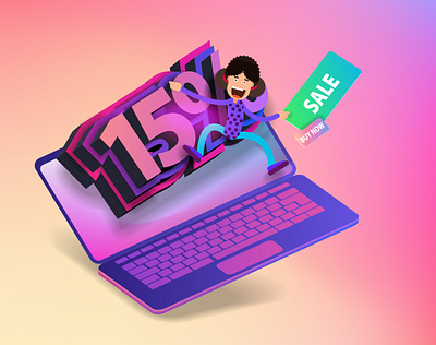 Cartoon girl climbs huge letters 15% discount sale exclusive offer