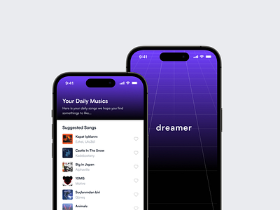 Dreamer App 3d appdesign black design landingpage minimalism mobile mobileapp music purple social suggest ui ux