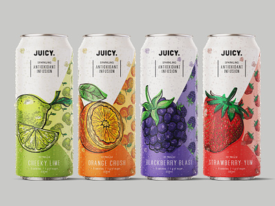 Fruity Antioxidant Infusion Water by Juicy antioxidant beverage brand brand design branding can drink drink packaging fruit graphic design illustration illustration art juicy label label design pattern product packaging sparkling water visual identity water