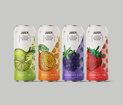 Fruity Antioxidant Infusion Water by Juicy antioxidant beverage brand brand design branding can drink drink packaging fruit graphic design illustration illustration art juicy label label design pattern product packaging sparkling water visual identity water