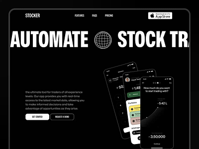 Landing page for a stock trading app black build dark design inspiration isometric landing page minimal mobile app stock trading app ui