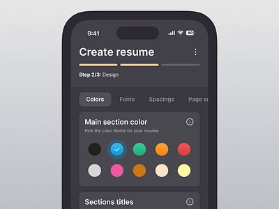 Resume builder app app black button card check clean color dark design mobile night mode progress selector settings slider stepper steps tabs ui ux