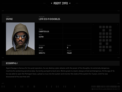 Agent card agent card cyber cyberpunk dark theme design figma info sectret ui