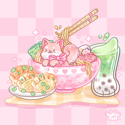 Pink Shiba Ramen aesthetic character design cute cute animals cute illustration cute shiba ilustration japanese food kawaii kawaii food ramen shiba inu