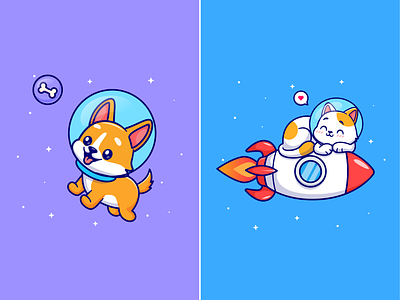 Cat and Dog in Space🐱🐶🚀 activity animals astronaut astronomy cat cute dog dream flying helmet icon illustration logo pet rocket sky sleeping space star