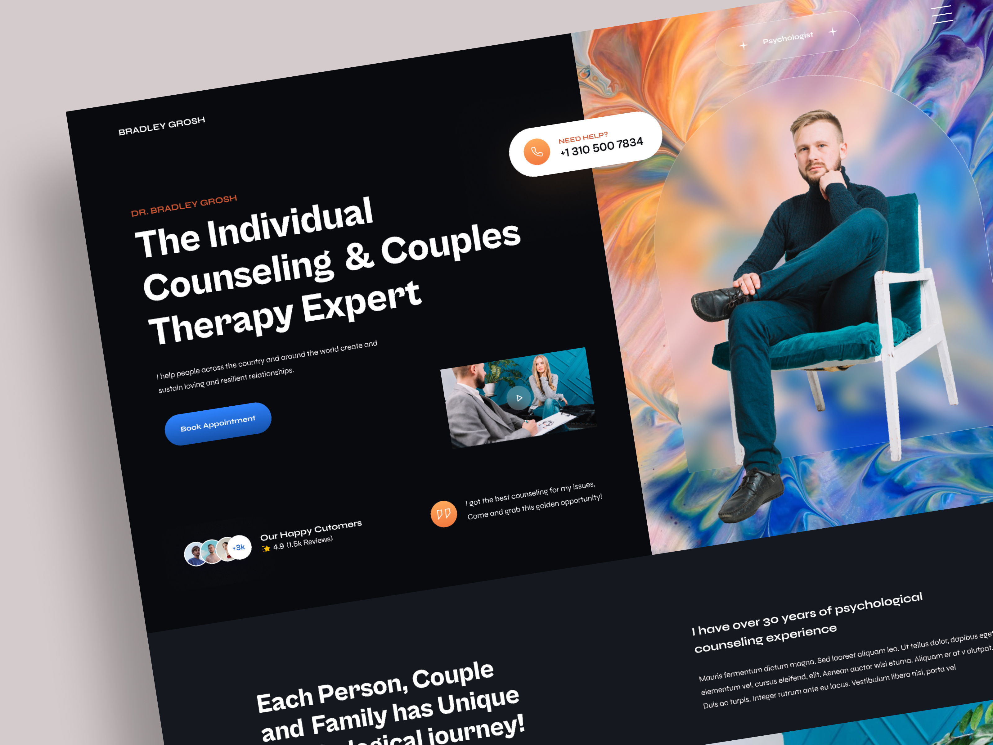 Bradley - A Psychologist Portfolio Dark creative doctor health landing page mental mentalhealth minimal online doctor portfolio psychiatrist psychologist psychology centre therapist therapy ui uidesign ux